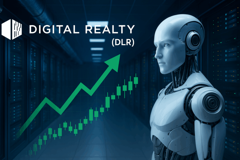 Digitale Illustration zu Digital Realty (DLR) mit humanoidem Roboter, Serverraum, Logo und grünem Aufwärtspfeil.