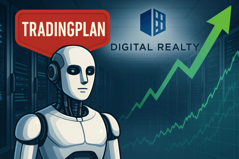 Tradingplan-Illustration für Digital Realty: Logo, humanoider Roboter, Serverraum und grüner Aufwärtspfeil.