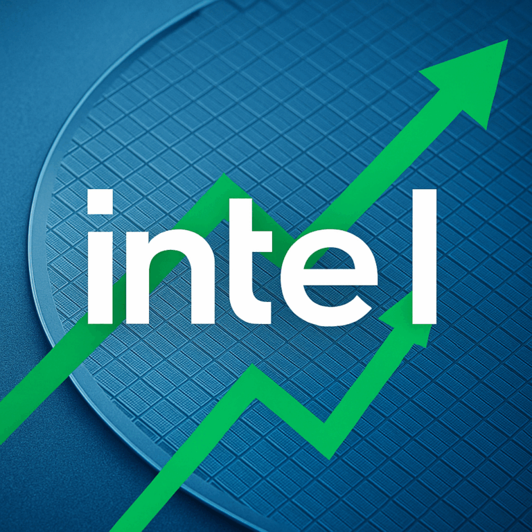 Intel-Logo vor einem blauen Halbleiter-Wafer mit grünem Aufwärtspfeil als Symbol für steigende Aktie und Wachstum.