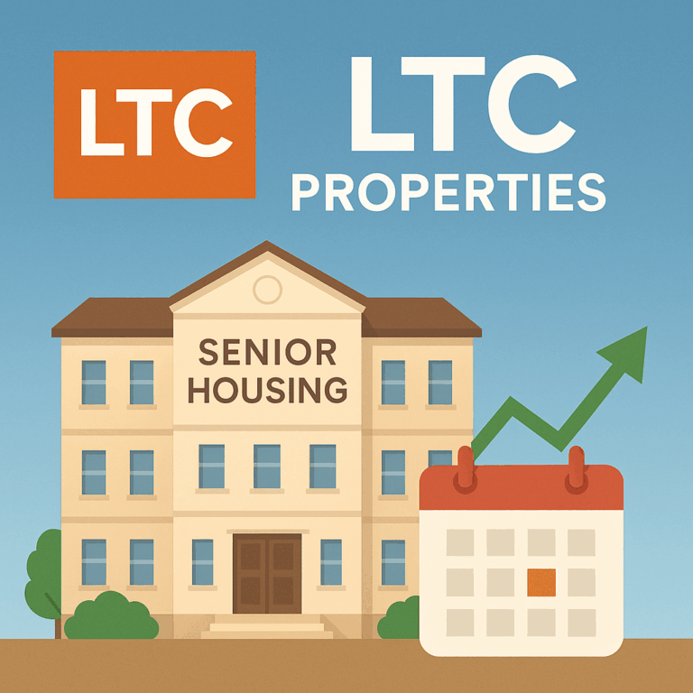 Illustration von LTC Properties mit Seniorenwohnheim, Kalender für monatliche Dividenden und grünem Aufwärtspfeil, der Wachstum symbolisiert.
