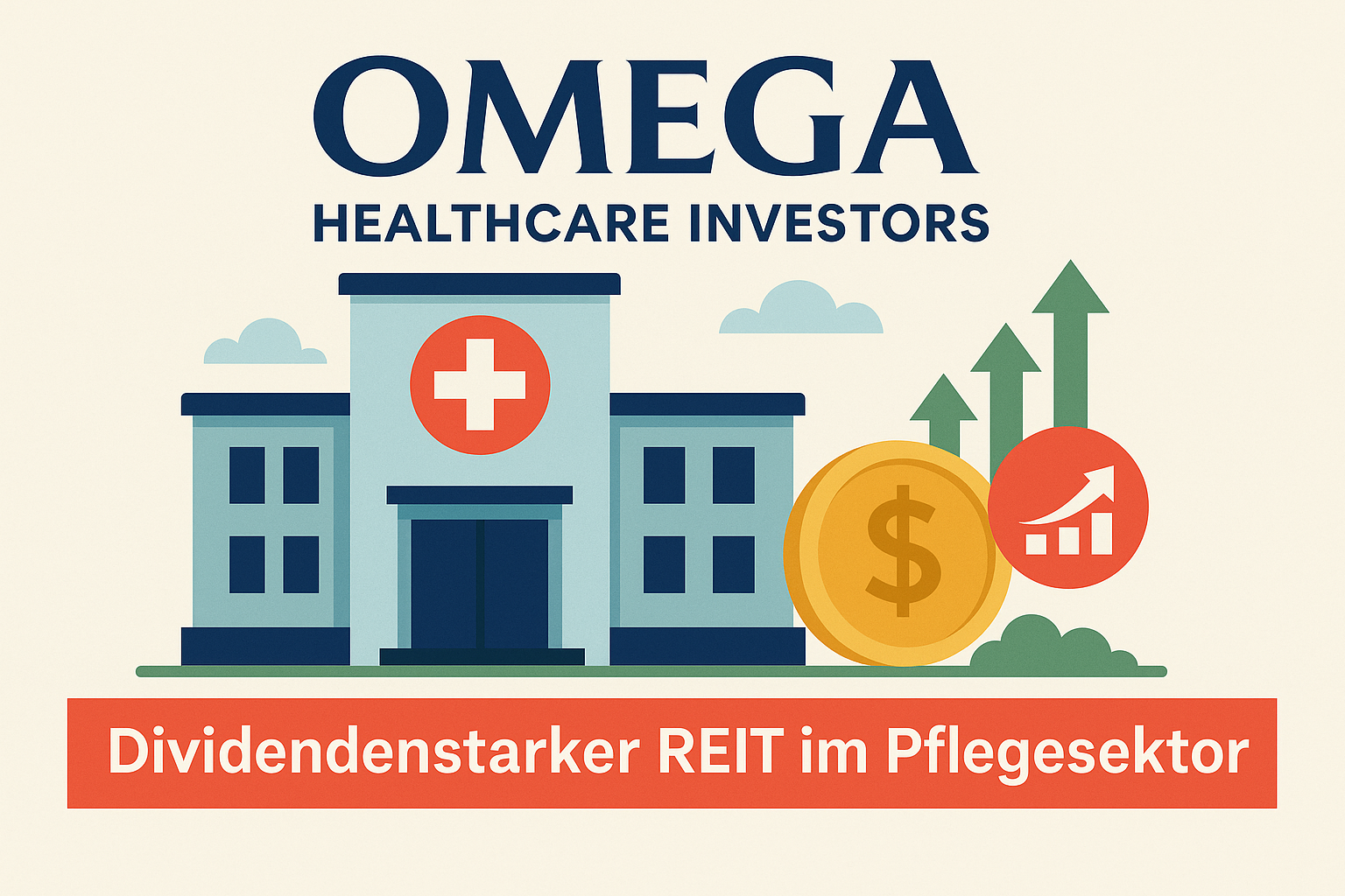 Illustration von Omega Healthcare Investors mit Pflegeeinrichtung, Dollar-Symbol und Aufwärtspfeilen, die stabile Dividenden und Wachstum darstellen