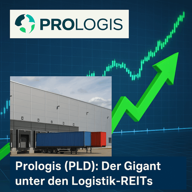 Illustration von Prologis mit Logo, moderner Logistikhalle, Containern und grünem Aufwärtspfeil vor Finanzchart.