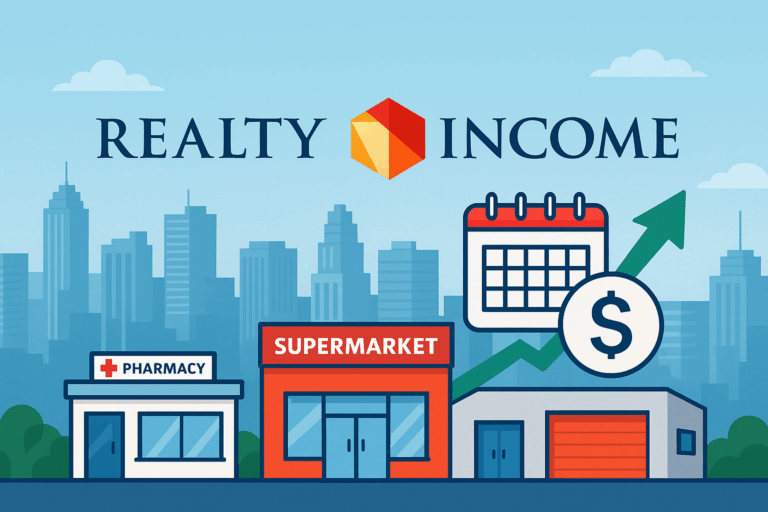 Realty Income Logo vor einer Skyline mit Einzelhandelsimmobilien, Kalender und Dollarzeichen, Symbol für monatliche Dividenden und stabiles Wachstum