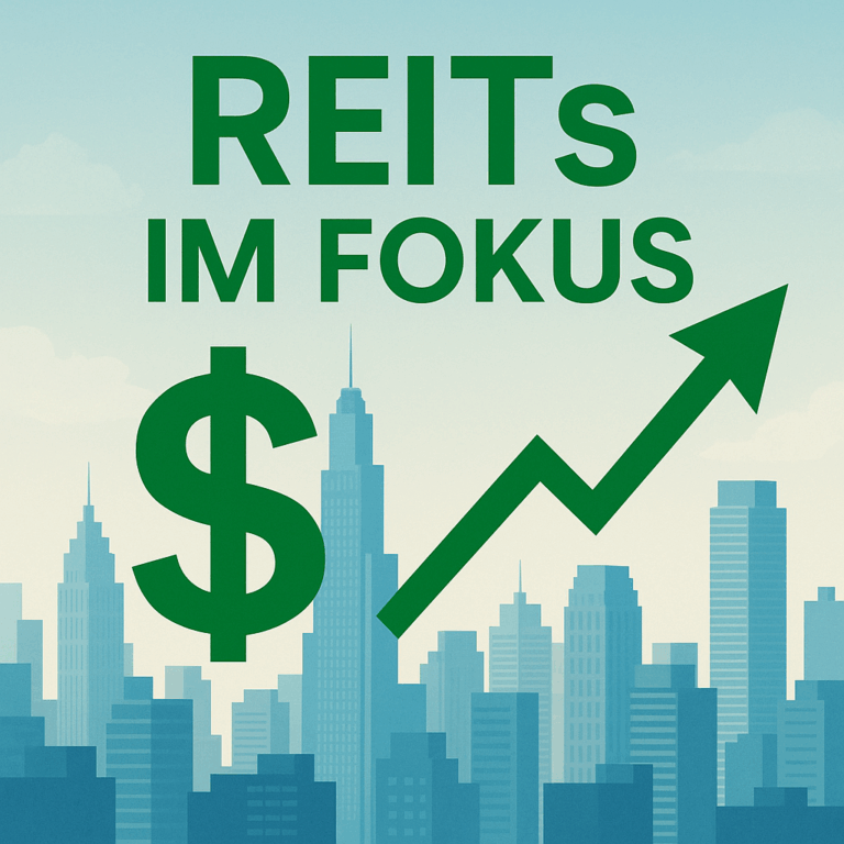 US-Skyline mit grünen Aufwärtspfeilen und Dollar-Symbolen als Symbol für den Kursanstieg und die Dividendenstärke von REITs.