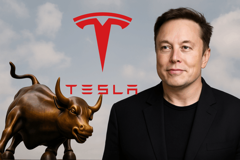 Elon Musk vor dem roten Tesla-Logo neben einem bronzenen Bullen, Symbol für Optimismus und steigende Tesla-Aktie.