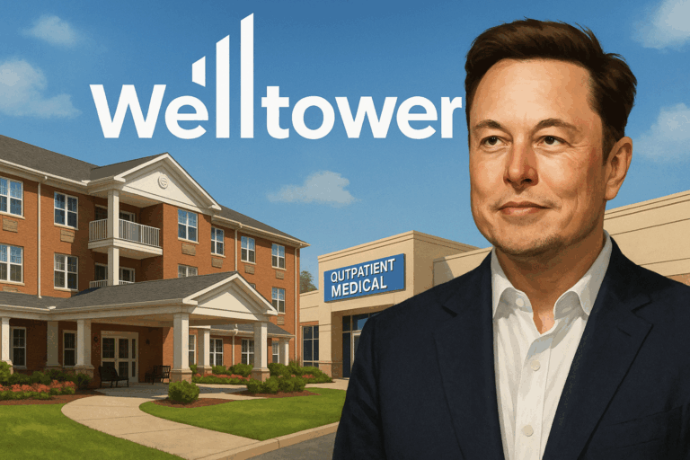 Digitale Illustration von Welltower: Logo, Seniorenwohnheim, modernes Outpatient Medical Center und Wachstums-Symbolik.